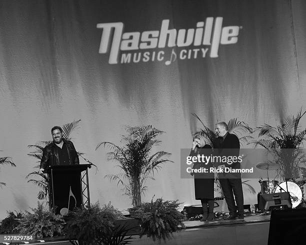 Singer/Songwriter Vince Gill, Nashville Mayor Megan Barry and Board Chair Nashville CVC & Founder Vector Management Ken Levitan attend as Vince Gill...