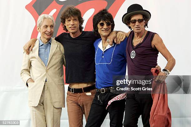 Charlie Watts, Mick Jagger, Ron Wood, and Keith Richards of The Rolling Stones pose for a photo during a press conference to announce a world tour at...