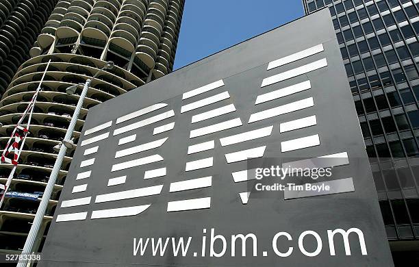 An IBM sign stands outside an IBM building May 10, 2005 in downtown Chicago, Illinois. IBM has recently announced job cuts in its European operation...