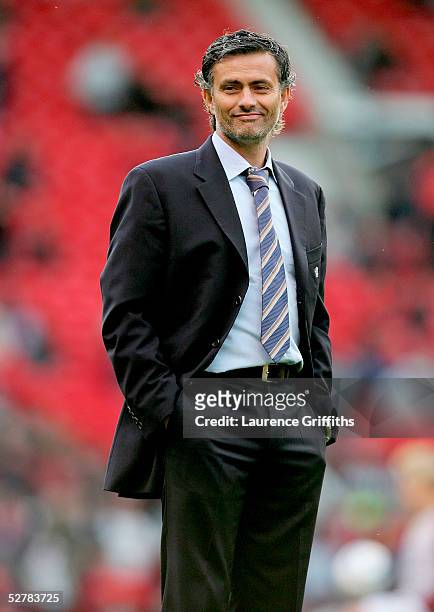 Chelsea Manager, Jose Mourinho watches on prior to the FA Barclays Premiership match between Manchester United and Chelsea at Old Trafford on May 10,...