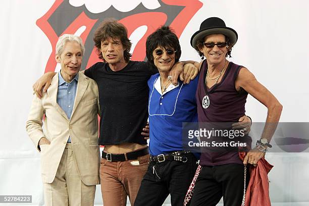 Charlie Watts, Mick Jagger, Ron Wood, and Keith Richards of The Rolling Stones pose for a photo during a press conference to announce a world tour at...