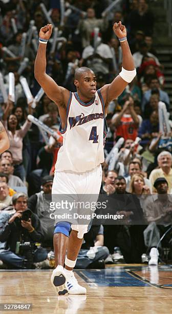 Antawn Jamison of the Washington Wizards celebrates against the Chicago Bulls in Game three of the Eastern Conference Quaterfinals during the 2005...