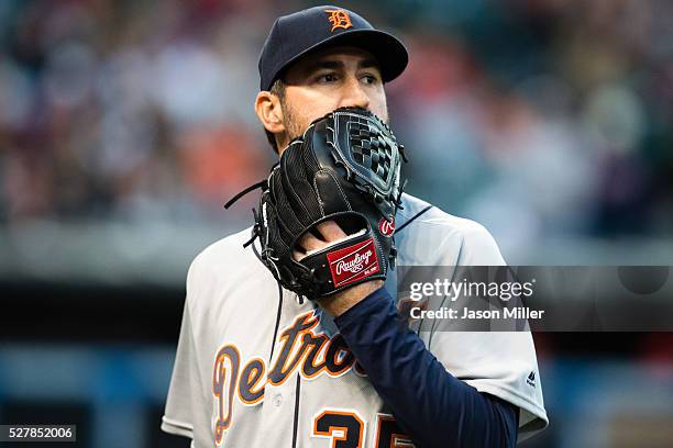 Starting pitcher Justin Verlander of the Detroit Tigers reacts after the end of the fifth inning where he gave up a three run home run to Francisco...