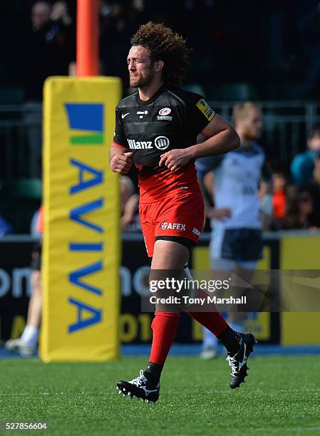 Jacques Burger of Saracens runs off in his last match during the Aviva Premiership match between Saracens and Newcastle Falcons at Allianz Park on...