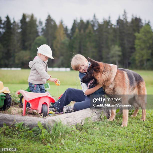 boy (4-5), little sister (2-3) and dog - 2 girls 1 sandbox stock pictures, royalty-free photos & images