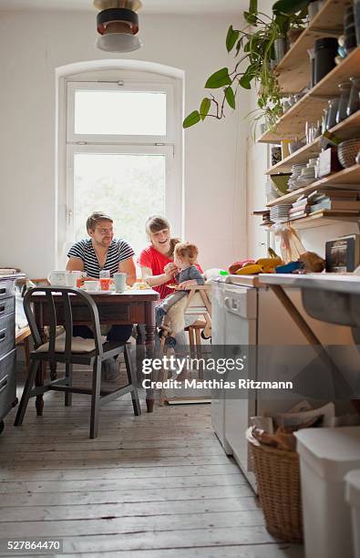 young parents with baby (6-12 months) in domestic kitchen - young family in kitchen stock pictures, royalty-free photos & images