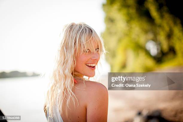 portrait of blond woman in summer - wavy hair beach stock pictures, royalty-free photos & images