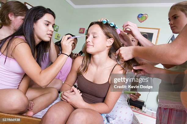 teenage girls at a slumber party - slumber party stock pictures, royalty-free photos & images