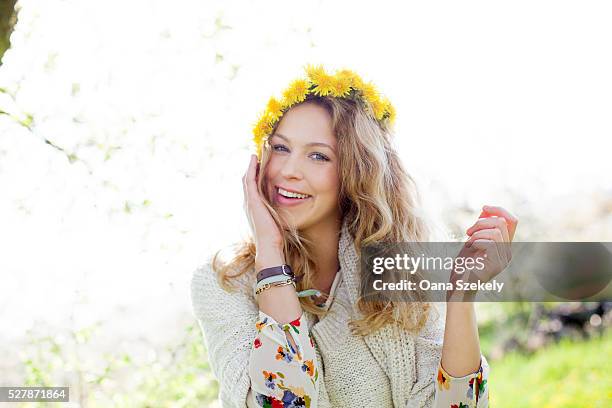 young woman enjoying flowers and nature - european spring bildbanksfoton och bilder