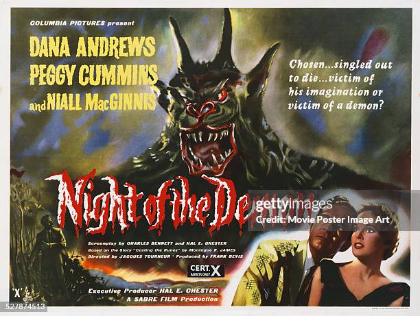 Poster for Jacques Tourneur's 1957 horror 'Night of the Demon' starring Dana Andrews and Peggy Cummins.