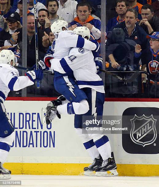 Ryan Callahan of the Tampa Bay Lightning celebrates the game winning goal by Brian Boyle at 2:48 of the first overtime against the New York Islanders...