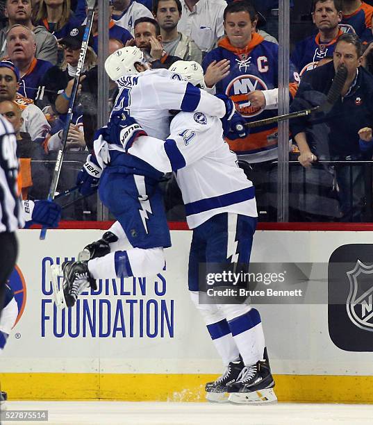 Ryan Callahan of the Tampa Bay Lightning celebrates the game winning goal by Brian Boyle at 2:48 of the first overtime against the New York Islanders...