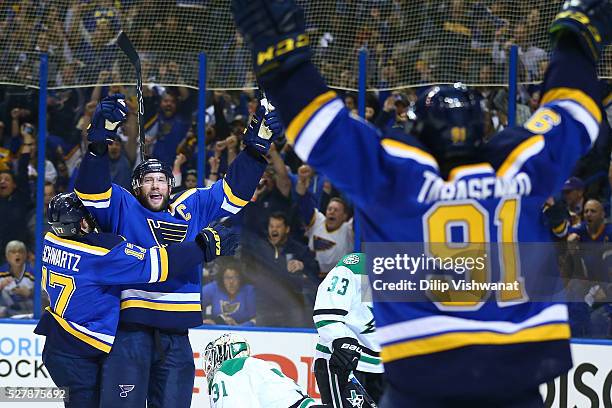 David Backes of the St. Louis Blues celebrates a goal against the Dallas Stars in Game Three of the Western Conference Second Round during the 2016...