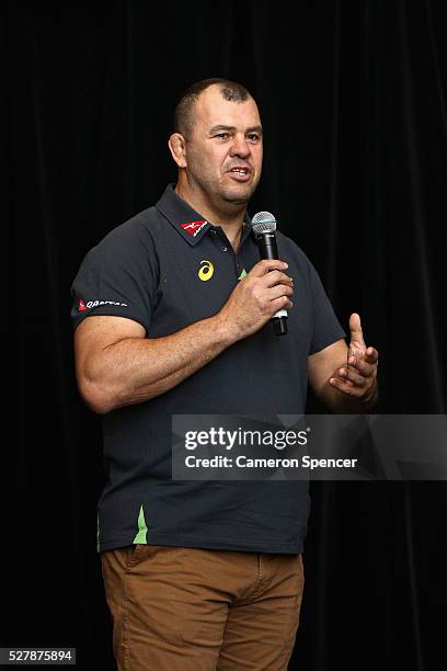 Australian Wallabies coach Michael Cheika talks during the Australian Wallabies jersey launch at All Sorts Sports Factory on May 4, 2016 in Sydney,...