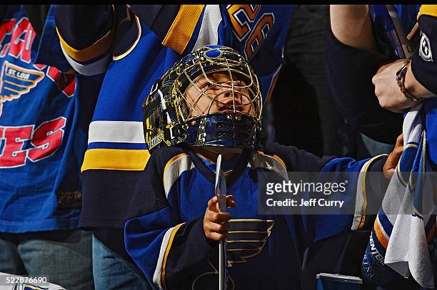 Young St. Louis Blues fans wears a goalie mask prior to Game Three of the Western Conference Second Round during the 2016 NHL Stanley Cup Playoffs...