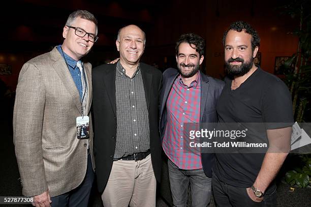 Co-founders of Roadside Attractions Eric d'Arbeloff and Howard Cohen pose with Actor/producer Jay Duplass and actor Steve Zissis at the premiere of...