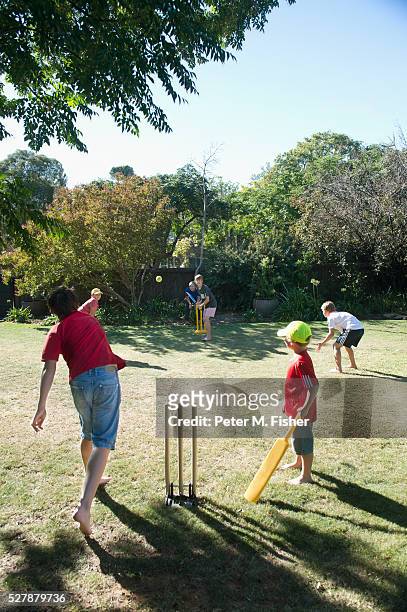 boys playing cricket in backyard - family cricket stockfoto's en -beelden