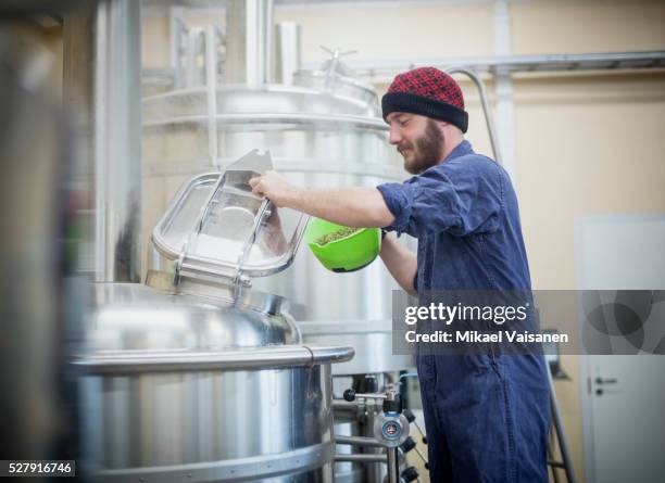 worker in blue overall in microbrewery - yeast stock pictures, royalty-free photos & images