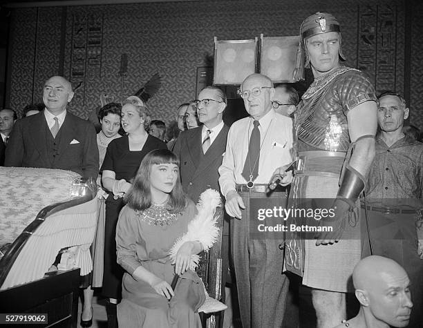 Foreign Minister of Italy, Gaetano Martino, , and Mrs. Martino, , visit the set of The Ten Commandments at Paramount Studios. Charlton Heston, , and...