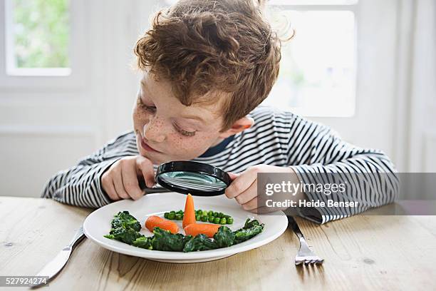 boy (7-9) peering over magnifying glass on dinner - red hair boy and freckles stock-fotos und bilder