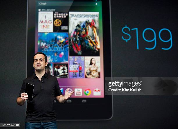 Hugo Barra, product management director of Android, introduces Google's new tablet computer, the Nexus 7 during the keynote speech at the Google I/O...