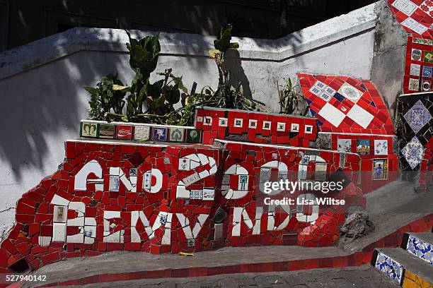 View of Escadaria Selaron, a Colorful tiled stairway in the Lapa district of Rio de Janeiro, Brazil on August 16, 2010. Photo by Lisa Wiltse