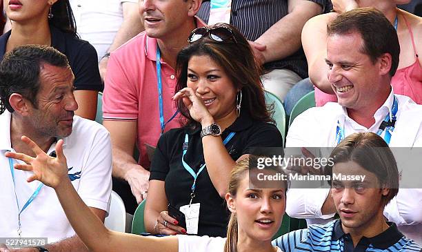 Michael Miziner; Rachael Finch look on during the Novak Djokovic of Serbia vs Rafael Nadal of Spain men's final match during day 14 of the Australian...