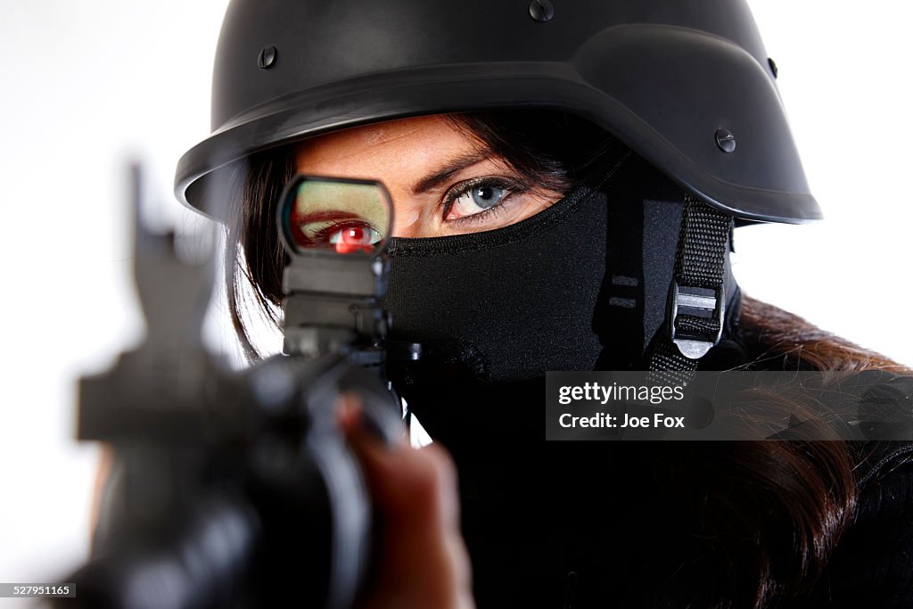 Woman wearing face mask and helmet
