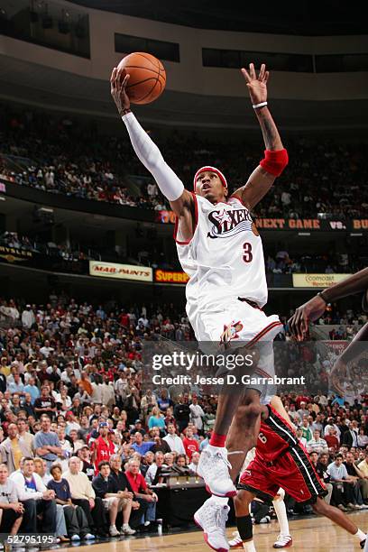 Allen Iverson of the Philadelphia 76ers shoots against the Miami Heat during the game on April 14, 2005 at the Wachovia Center in Philadelphia,...