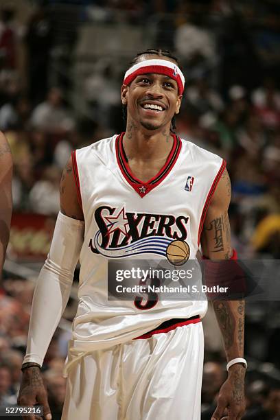 Allen Iverson of the Philadelphia 76ers smiles during the game against the Miami Heat on April 14, 2005 at the Wachovia Center in Philadelphia,...