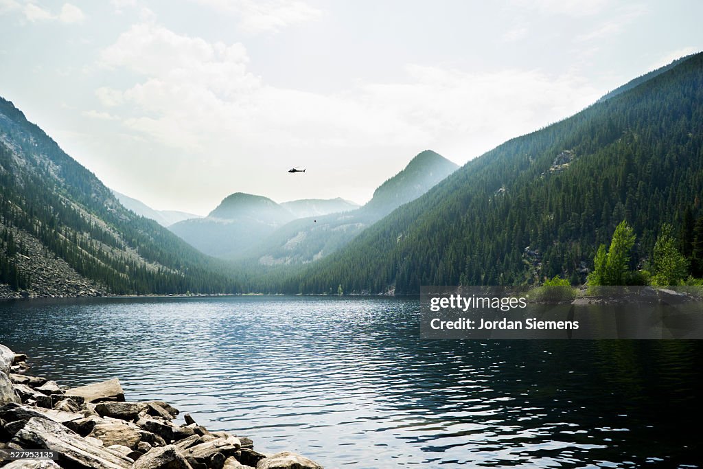 Helicopter gather water from a lake.