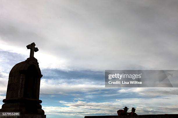 Virgen de la Candelaria. Pic shows Cerro Calvario a hill in Copacabana lined with small monuments representing the 14 Stations of the Cross taken the...