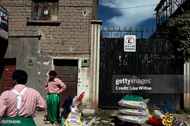 Virgen de la Candelaria. Participants preparing parade through the streets of Copacabana during the Fiesta de la Virgen de la Candelaria is held to...