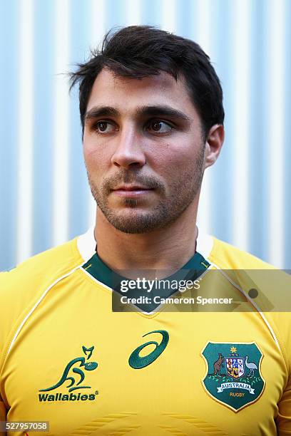 Australian Wallabies player Nick Phipps poses during the Australian Wallabies jersey launch at All Sorts Sports Factory on May 4, 2016 in Sydney,...