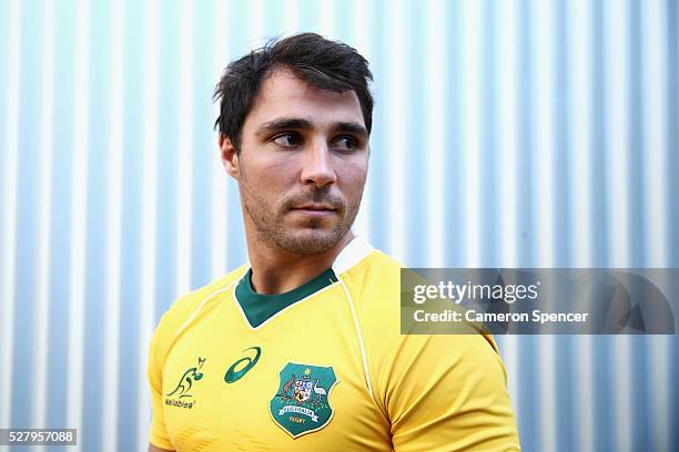 Australian Wallabies player Nick Phipps poses during the Australian Wallabies jersey launch at All Sorts Sports Factory on May 4, 2016 in Sydney,...