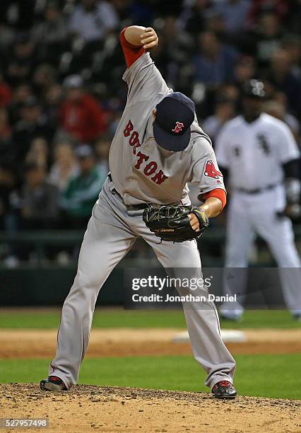Junichi Tazawa of the Boston Red Sox prepares to pitch in the 8th inning against the Chicago White Sox at U.S. Cellular Field on May 3, 2016 in...