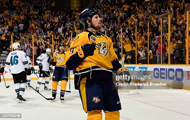 Filip Forsberg of the Nashville Predators reacts after scoring a goal against the San Jose Sharks during the third period of Game Three of the...