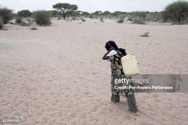 Raha Adow, age 6, carries water from a well to the family house on July 5, 2011 in Kulaley, Kenya. Two successive poor rains, entrenched poverty and...