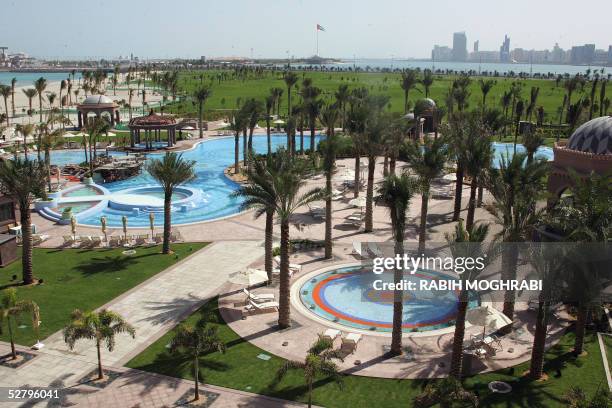 The beach side of the Emirates Palace Hotel in Abu Dhabi 10 May 2005. Racing to catch up with bustling Dubai, the United Arab Emirates capital of Abu...