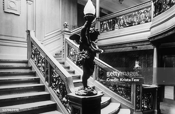The Aft First Class staircase leading to the a la carte restaurant on the RMS Titanic, the world's most luxurious ocean liner at the time of its...
