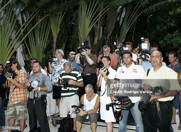 Photographers during Sunglass Hut Swim Shows Miami Presented by LYCRA - Welcome Reception at Raleigh Hotel in Miami Beach, Florida, United States.