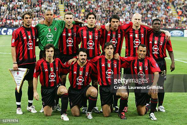 Milan team line up prior to the UEFA Champions League Semi Final First Leg match between AC Milan and PSV Eindhoven at The San Siro on April 26, 2005...
