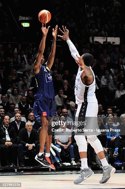 Ndudi Ebi of Manital competes with Dexter Pittman of Obiettivo Lavoro during the LegaBasket match between Virtus Obiettivo Lavoro Bologna v Auxilium...