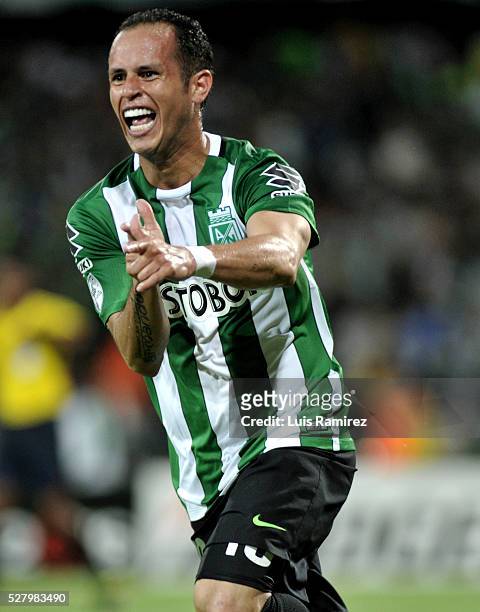 Alejandro Guerra of Atletico Nacional celebrates after scoring the second goal of his team during a second leg match between Atletico Nacional and...