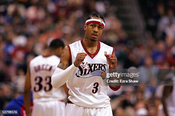 Allen Iverson of the Philadelphia 76ers celebrates during game four of the Eastern Conference Quarterfinals with the Detroit Pistons during the 2005...