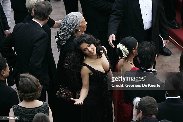 Author Toni Morrison and actress Salma Hayek attend the premiere for the film "Lemming" at Le Palais de Festival on the opening night of the 58th...