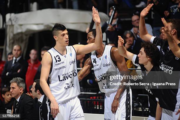 Simone Fontecchio of Obiettivo Lavoro celebrates during the LegaBasket match between Virtus Obiettivo Lavoro Bologna v Auxilium Manital Torino at...