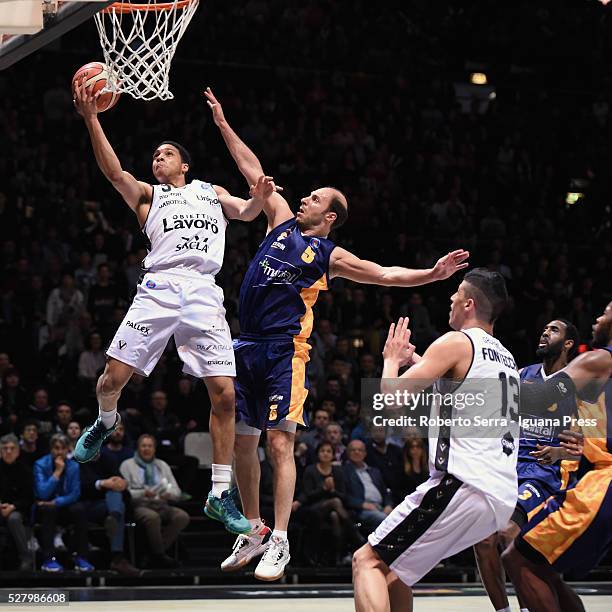 Abdul Gaddy of Obiettivo Lavoro competes with Jacopo Giachetti of Manital during the LegaBasket match between Virtus Obiettivo Lavoro Bologna v...