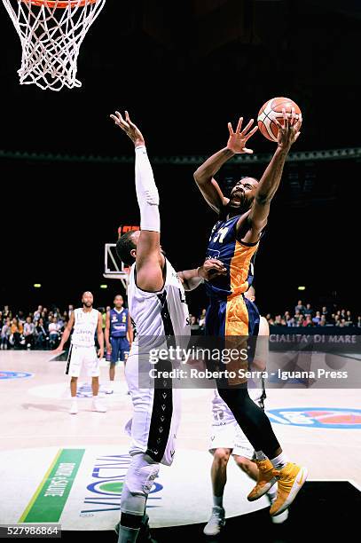 Christian Eyenga of Manital competes with Dexter Pittman of Obiettivo Lavoro during the LegaBasket match between Virtus Obiettivo Lavoro Bologna v...