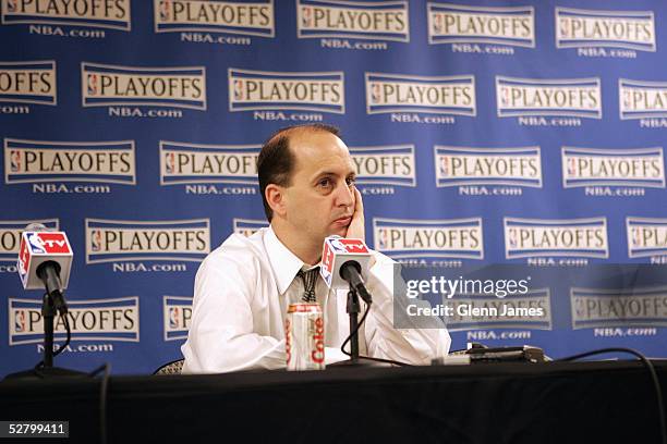 Head Coach Jeff Van Gundy of the Houston Rockets speaks with the media after Game five of the Western Conference Quarterfinals with the Dallas...